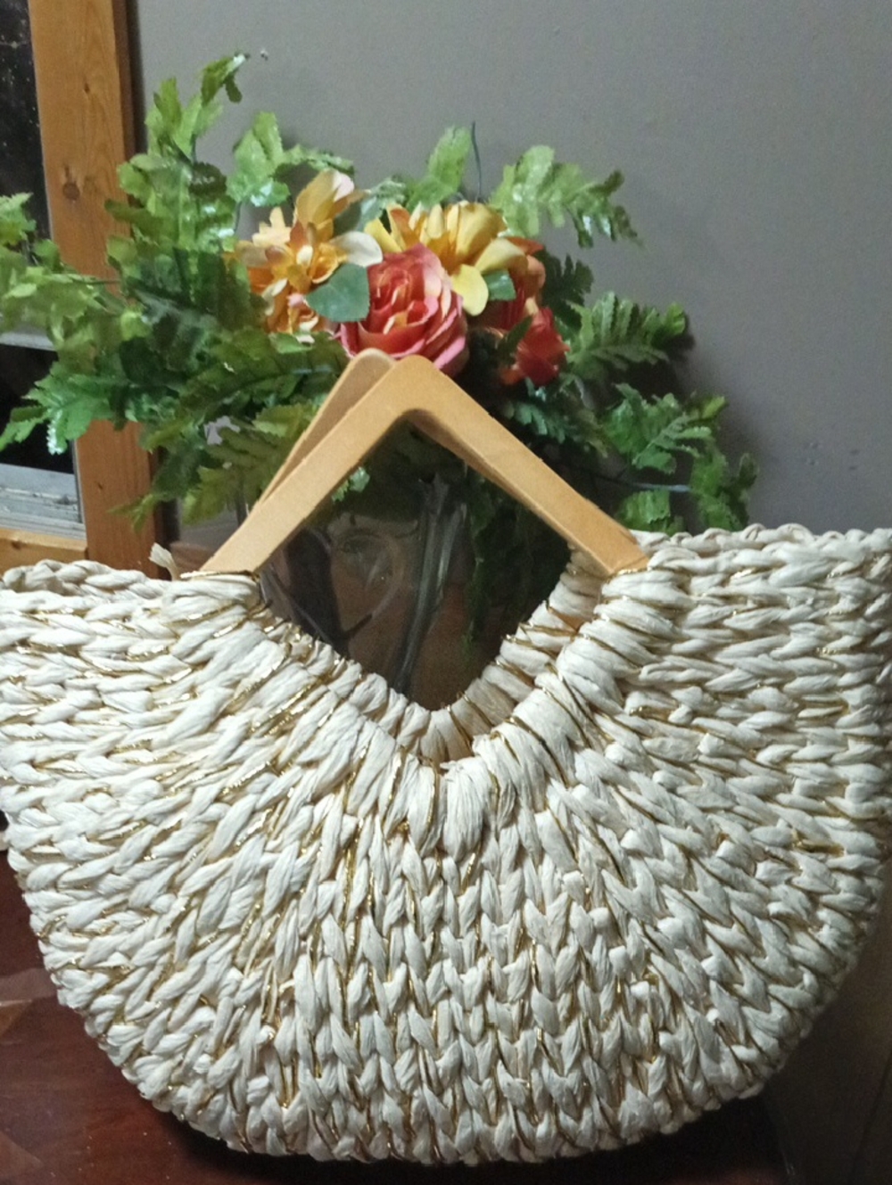 Woven Straw Tote Bag with Wooden Handles - Natural